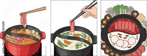 Japanese Hot Pot Cooking Process Vector Illustration with Chopsticks, Boiling Broth, Sliced Beef, Vegetables, and Traditional Nabe Meal Scenes