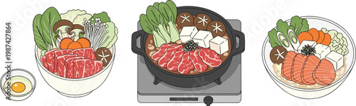Japanese Hot Pot Dining Vector Set with Beef, Salmon, Vegetables, Tofu, and Traditional Cooking Pot on Stove for Asian Cuisine Illustration