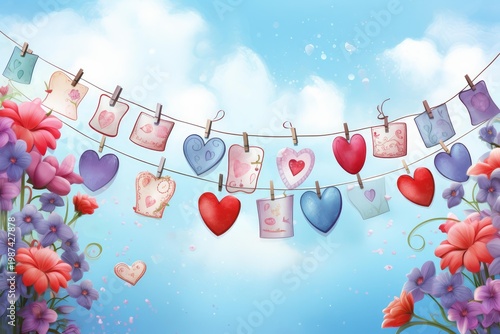 Various heart shapes and decorated cards hanging over blooming flowers against a blue sky