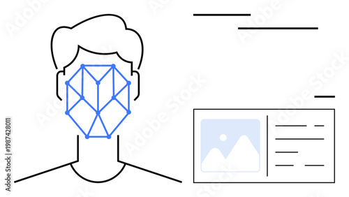 Security systems, identity verification, technology, biometrics, digital access, authentication. A human face with a geometric grid pattern and an adjacent ID card layout. Security systems