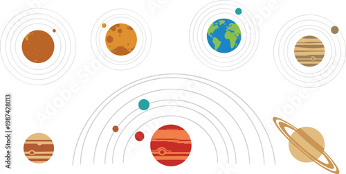 A colorful illustration of planets and their orbits on transparent background