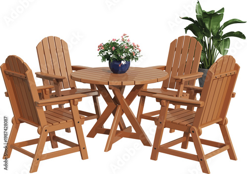 Inviting complete wooden patio furniture set featuring a round dining table and four comfortable chairs, ideal for outdoor living, garden gatherings, and al fresco meals