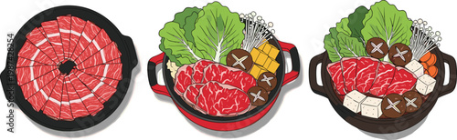 Japanese Hot Pot Vector Illustration Set with Sliced Beef, Vegetables, Mushrooms, and Traditional Cooking Pots for Asian Cuisine and Food Design