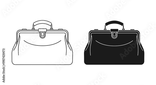Handbag, briefcase, business bag icons, black and white, vector graphics