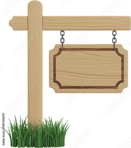 A weathered wooden signpost with a blank wooden sign, set against a backdrop of lush green grass