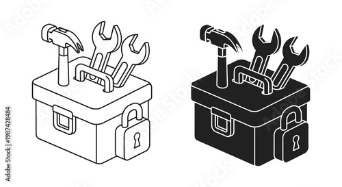 Toolbox icons, tool box, black and white, line art, construction tools, vector set