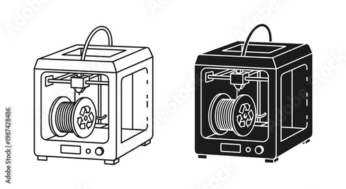 3D printer icons, industrial vector graphics, printing technology symbols, robotic manufacturing illustrations