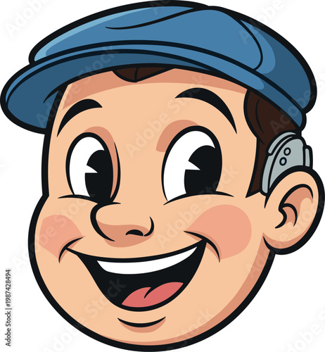 A cheerful cartoon boy wearing a blue cap and earpiece on transparent background