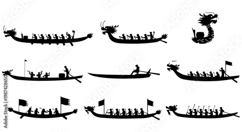 Traditional dragon boat festival silhouette set featuring paddling athletes racing on cultural maritime vessels