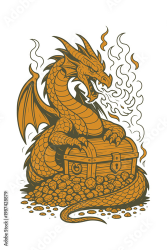 Dragon Guarding Treasure Vector illustration