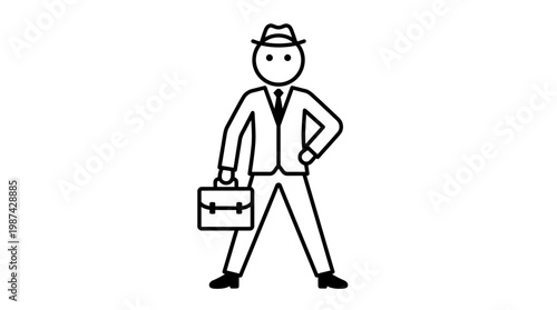 Cartoon businessman sitting on a chair with a briefcase and computer smiling while working in an office illustration