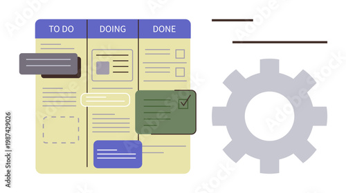 Business planning, teamwork strategies, productivity tools, task management, agile methods, workflow automation. Task board with columns and cards. Task management and teamwork strategies concept