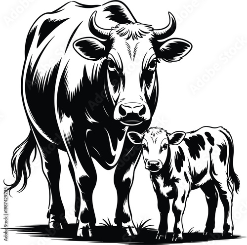 A striking black and white illustration of a cow and its calf standing together, evoking a sense of nurturing and farm life