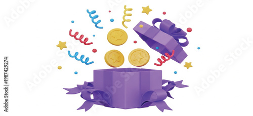 3D Purple Gift Box Opening with Gold Coins and Colorful Confetti for Reward Programs Giveaways Winning Prizes Celebration and Surprise Bonus Promotions for Marketing