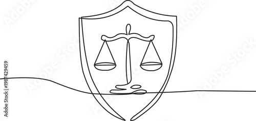  A line drawing of a shield with a scale on it symbolizing justice and protection