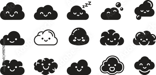 Cute poop emoji collection black silhouette icons with smiling and sleepy faces