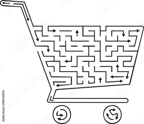 A shopping cart outline is creatively designed as a complex maze