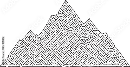 Intricate mountain maze illustration with winding paths and arrow indicators