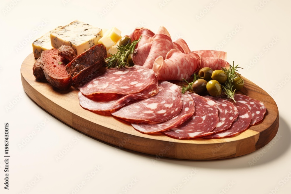 Fototapeta premium Wooden board with a selection of sliced salami, various cheeses, olives, and rosemary