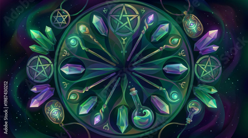Pentagram crystals circle mystical symbols.