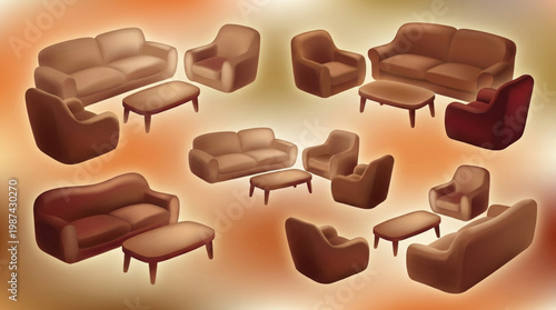 Brown leather sofa furniture set.
