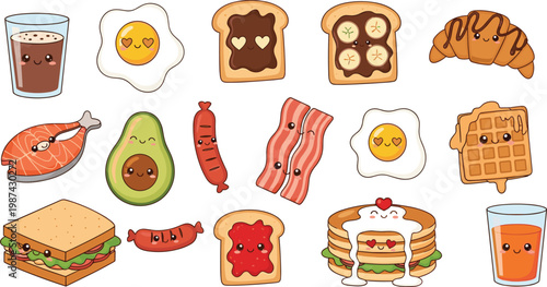 Cute kawaii breakfast food characters set featuring eggs toast pancakes avocado bacon and coffee for children menu.