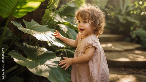 A cheerful toddler girl with curly light brown hair explores a sun-drenched botanical garden, gently touching a large tropical leaf. Soft diffused daylight filters through the canopy, creating a dream
