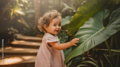A cheerful toddler girl with curly light brown hair explores a sun-drenched botanical garden, gently touching a large tropical leaf. Soft diffused daylight filters through the canopy, creating a dream