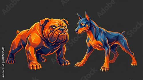 Bulldog and Doberman Pinscher Dogs.