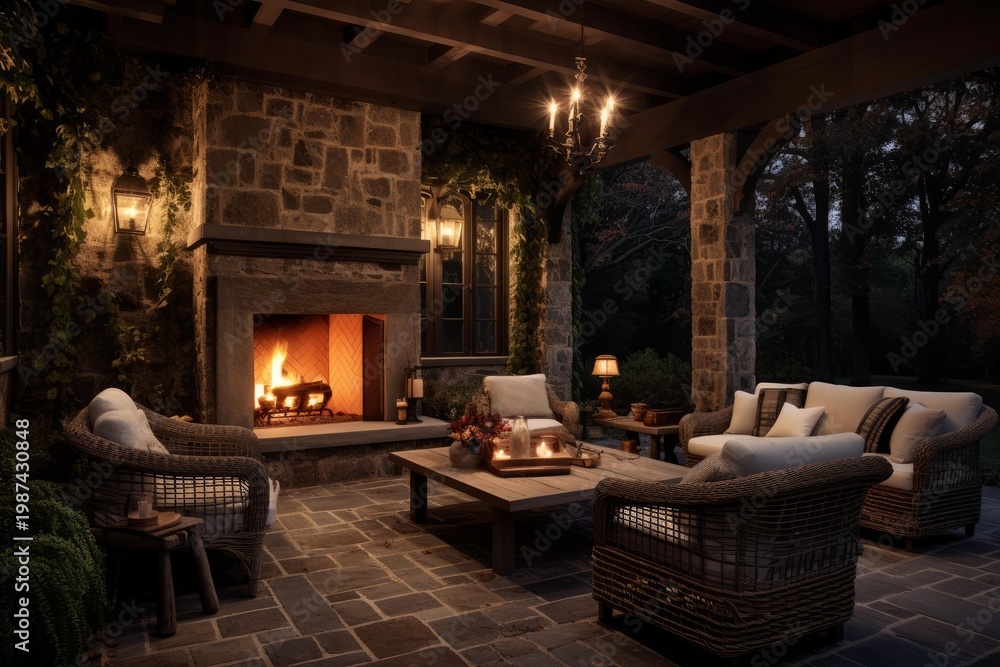 Obraz premium Stone patio featuring a warm fireplace, comfortable seating, and ambient lighting for relaxation