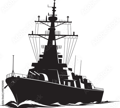 large warship sailing on water with towers
