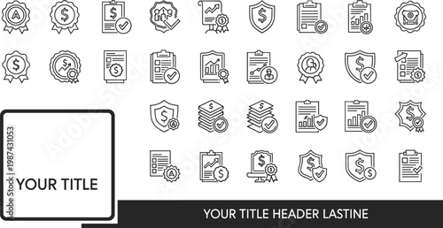 Financial certification compliance and security outline icon set featuring audit approval banking protection reporting documentation analytics verification vector collection