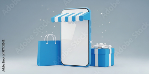 Online Mobile Shopping Store Concept with Blue Smartphone Storefront Awnings Gift Box and Paper Shopping Bag for E-commerce Retail Business and App Promotions