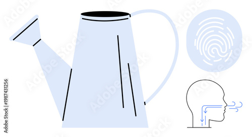 Gardening, cybersecurity, personal identification, wellness, biometrics, sustainability. Watering can, fingerprint circle breathing illustration. Gardening and cybersecurity growth and security