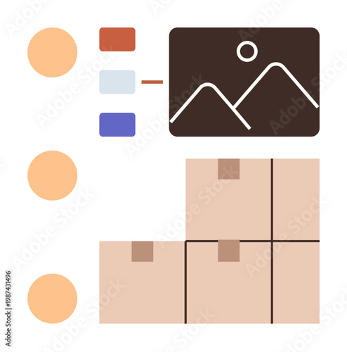 Inventory management, logistics, supply chain, organization, categorization, e-commerce. Stacked boxes and product categories displayed. Inventory management and logistics workflow concept
