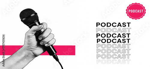Retro Halftone Podcast Concept with Hand Holding Microphone, Digital Audio Streaming Symbols, and Vibrant Pink Design Elements for Radio, Interviews, and Music Media Productions