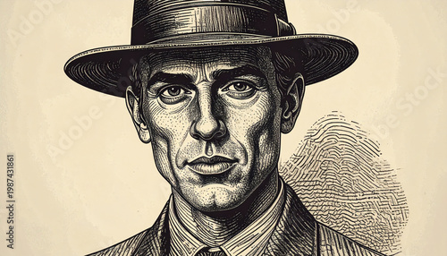 Engraved Portrait Effect with Hat and Vintage Line Texture