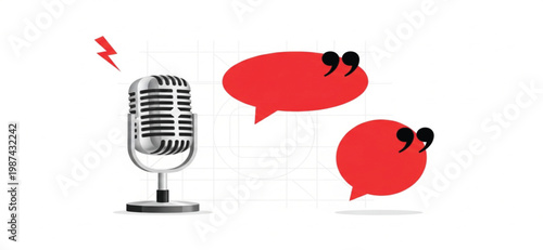Vintage Silver Retro Microphone with Red Speech Bubbles and Quotation Marks for Podcast Interview Radio Broadcast Testimonial Discussion Media Voice Communication Graphic Vector Illustration