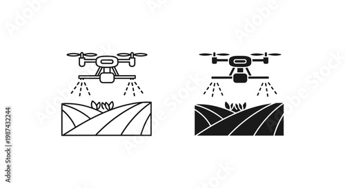 Agricultural drone icons, farming technology symbols, irrigation system vectors, precision farming graphics