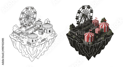 Amusement park icons, carnival illustrations, fairground graphics, vector set