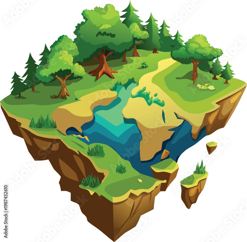 3D Earth Cross-Section with Trees and River in Reforestation Campaign Isolated on Transparent Background for Reforestation Campaigns and Eco-Conscious Environmental Awareness