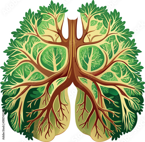 Illustration of Lush Green Lungs with Tree Foliage Representing Reforestation Campaign and Clean Air Isolated on Transparent Background for Reforestation Campaigns