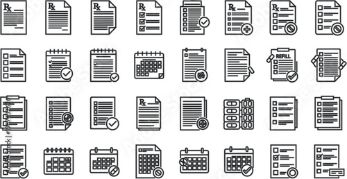 Medical prescription and healthcare document line icons set with Rx forms, reports, calendars, checklists, pharmacy paperwork vector collection