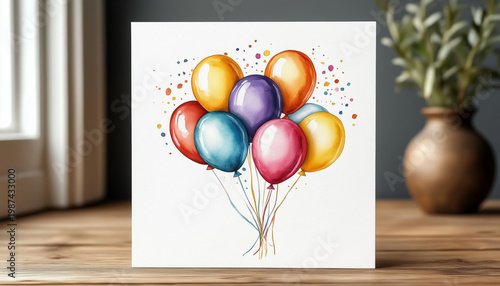 Soft Pastel Watercolor Balloon Illustration on Blank White Card — Ideal for Etsy Greeting Card Templates, Spring Celebrations, and DIY Printing.