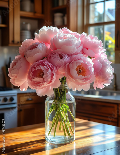 Soft Pink Peony Flowers in Glass Carafe on Kitchen Table Fresh Morning Light Spring Decor