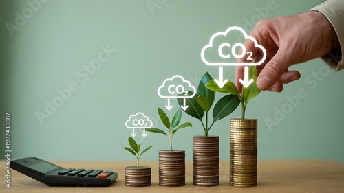Environmental growth concept with coins stacks plants and carbon emission reduction icons