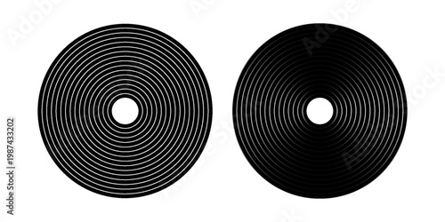Black vinyl disc icons. Turntable LP or long play music records isolated on white background. DJ equipment for club techno party. 70s 80s 90d discotheque nostalgia design. Vector graphic illustration.
