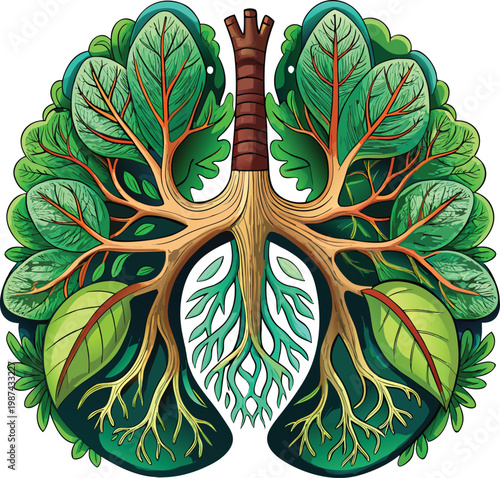 Illustration of Healthy Lungs with Tree Leaves Representing Reforestation Campaign and Forest Recovery Isolated on Transparent Background for Reforestation Campaigns