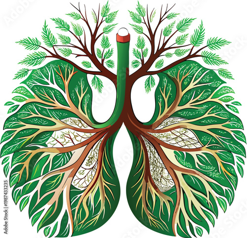 Human Lungs Shaped as Green Trees Representing Reforestation Campaign and Carbon Offset Isolated on Transparent Background for Reforestation Campaigns