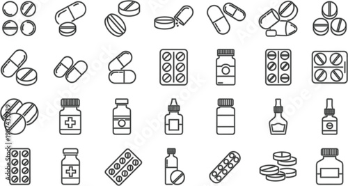  Medicine pills and bottles line icons set vector illustration pharmaceutical capsules tablets healthcare drugs pharmacy outline symbols collection.